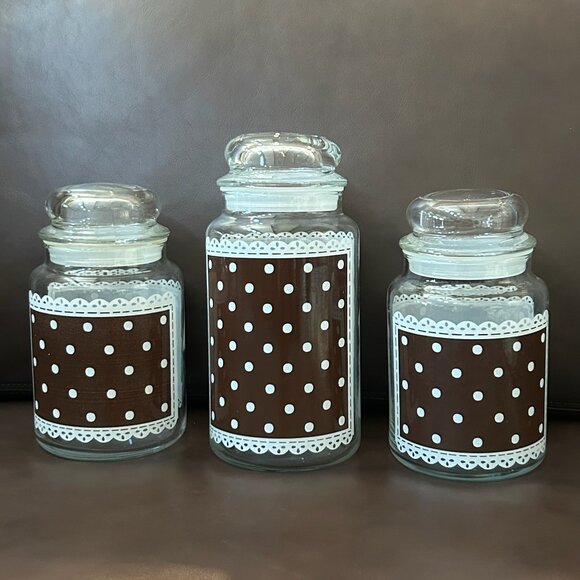 Vintage Anchor Hocking Glass Jars Containers Polka Dots & Lace Set of 3 - Picture 3 of 14
